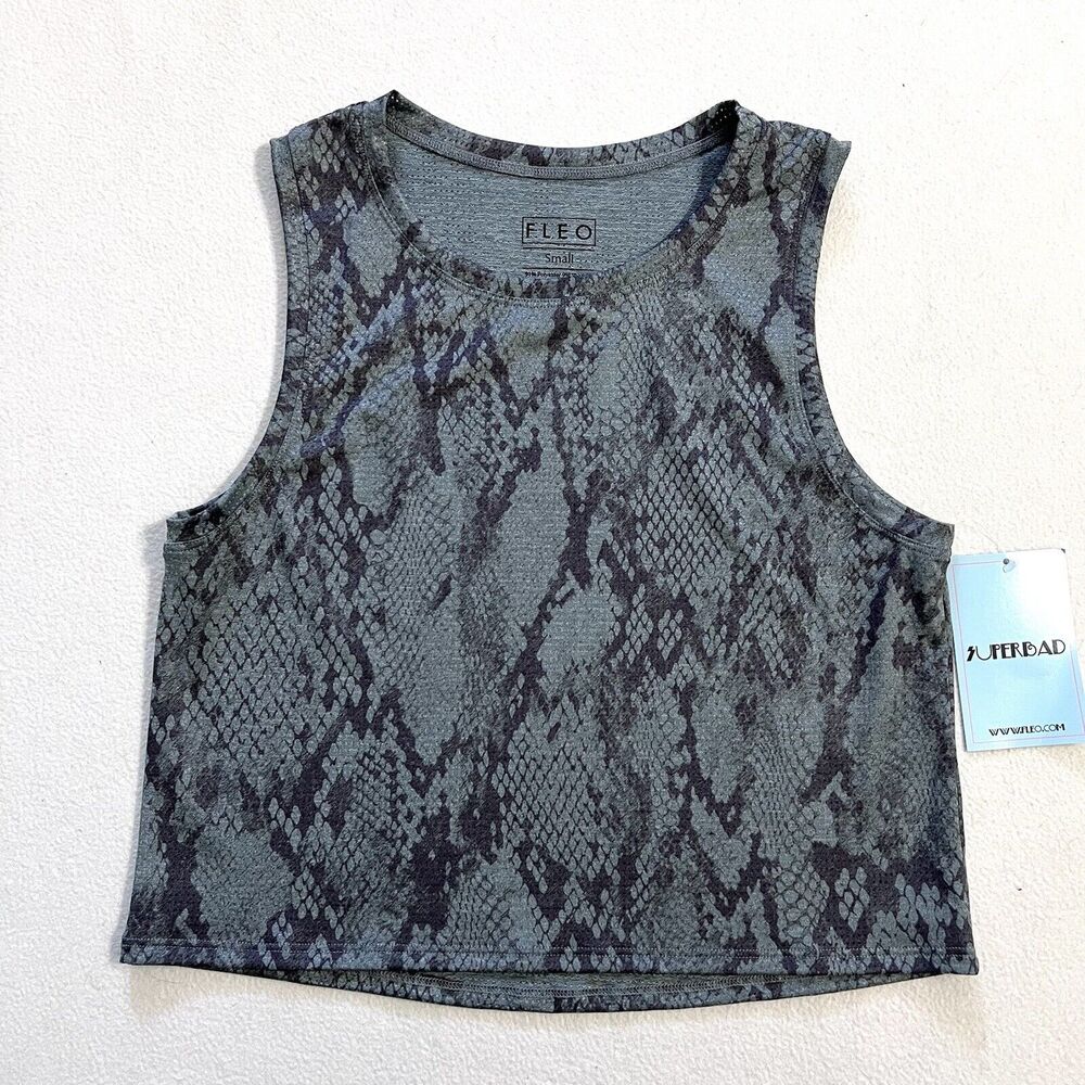 NWT Fleo Dylan Gray Black Snake Print Muscle Crop Tank CrossFit Sleeveless Top S